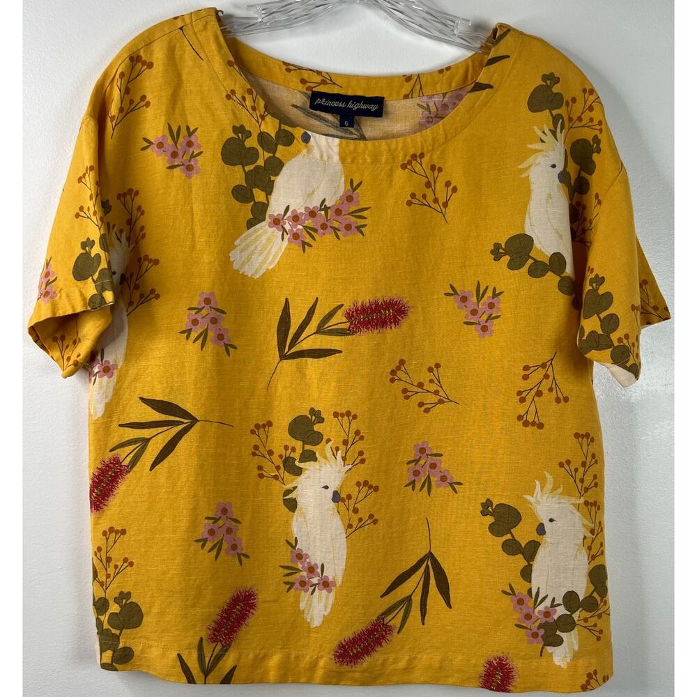 Princess Highway Womens Top Parrot Floral Novelty Print Boxy Short Sleeve Size 6